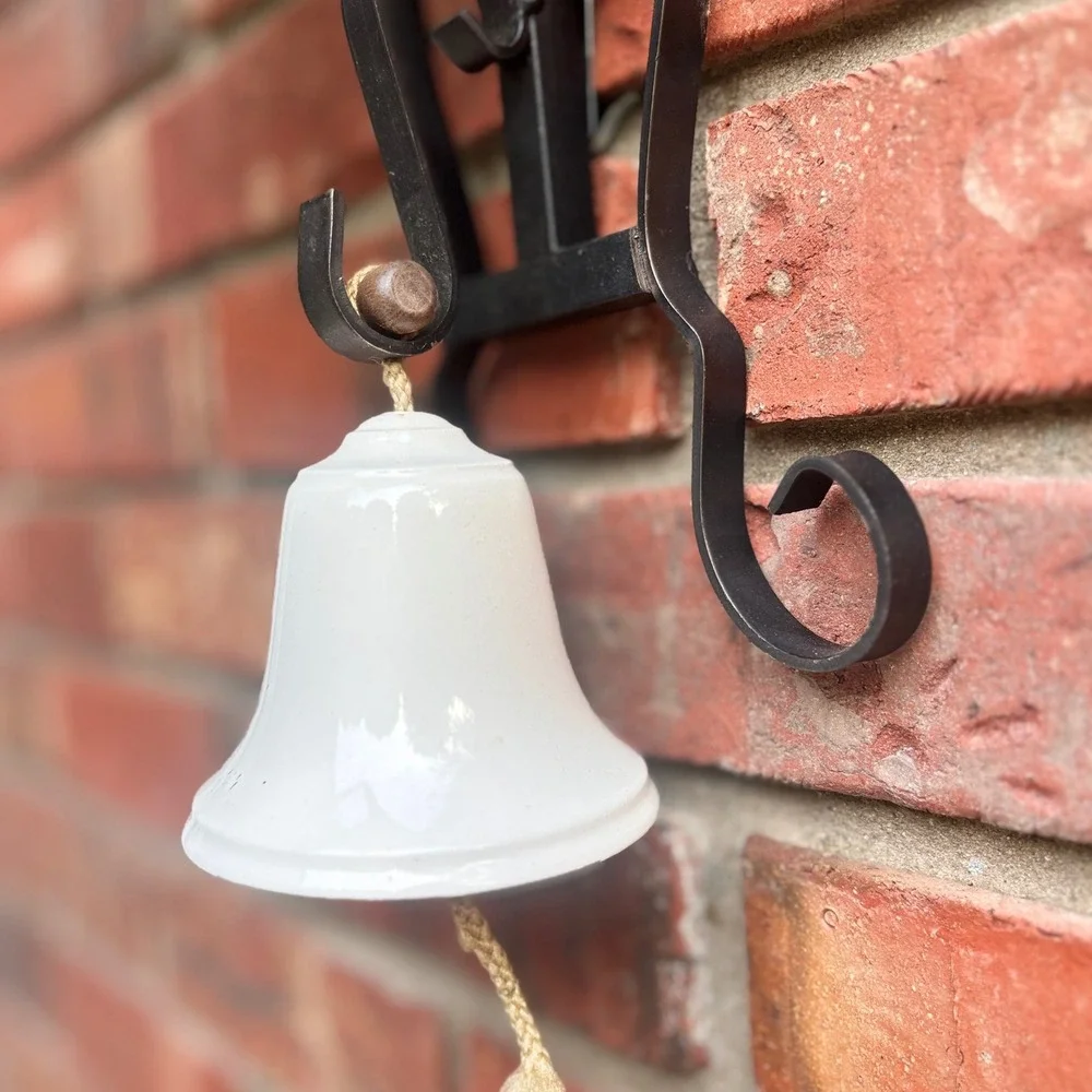 Vintage Farmhouse White Ceramic Wall Mounted Dinner Bell Black Wrought Iron